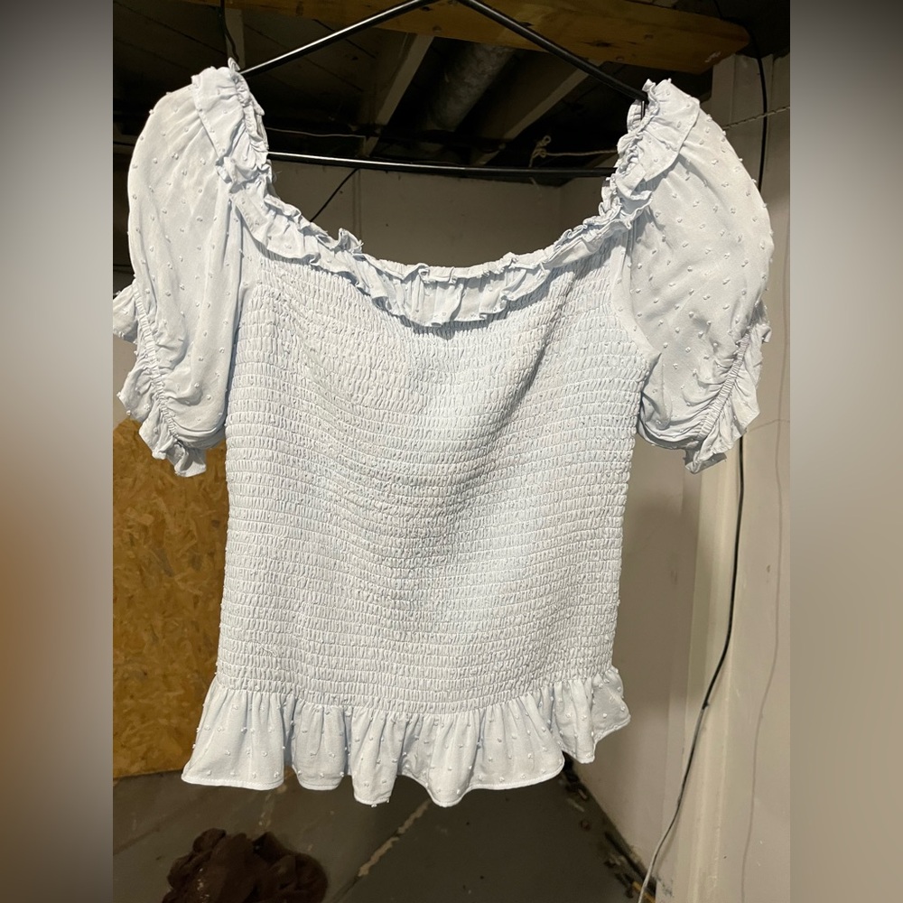 Express Light Blue Ruffled Smock Blouse